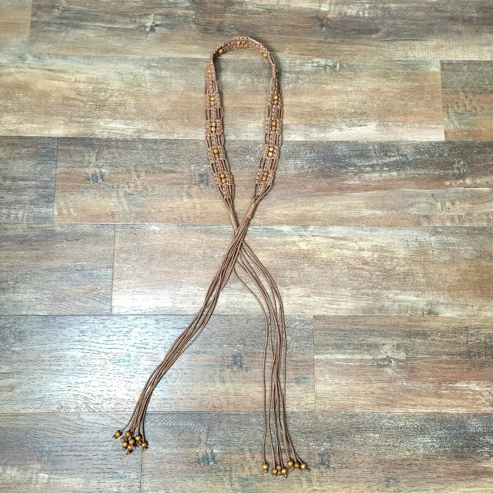 Hand Crafted Faux Leather Brown Beaded Macramé Belt OSFM